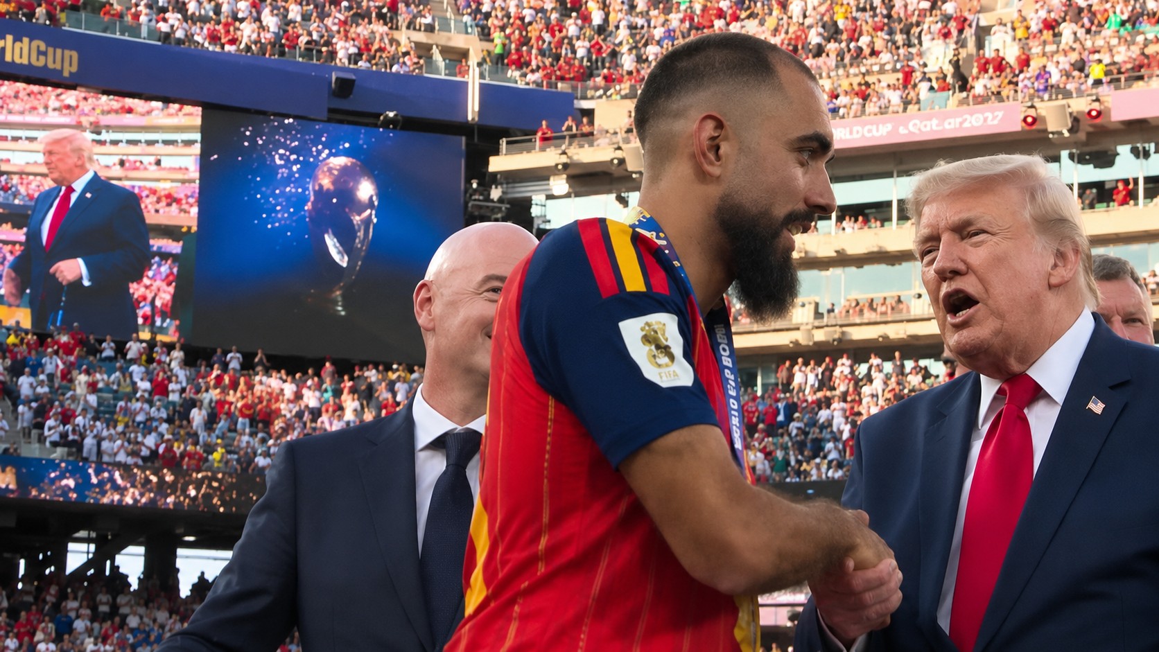 Borja Iglesias evita a Donald Trump durante la entrega de medallas del Mundial