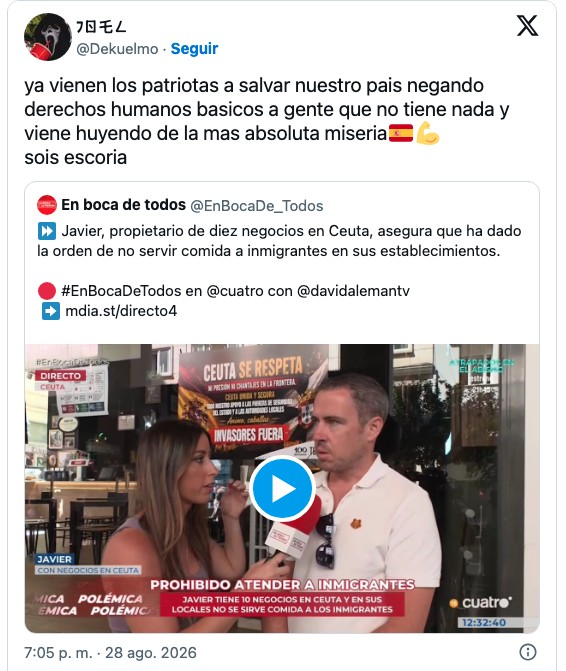 Un hostelero de Ceuta asegura que sus negocios no servirán comida a migrantes, calificándolos de «delincuentes»